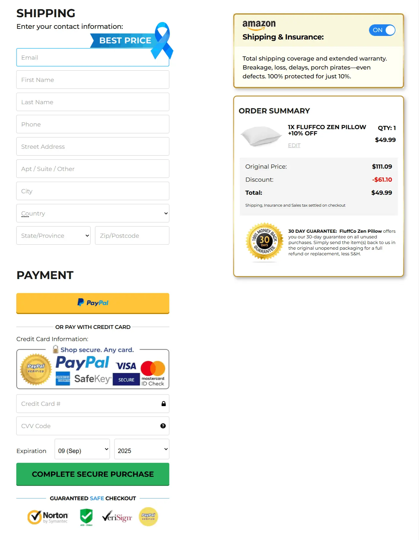 FluffCo Zen Pillow checkout page